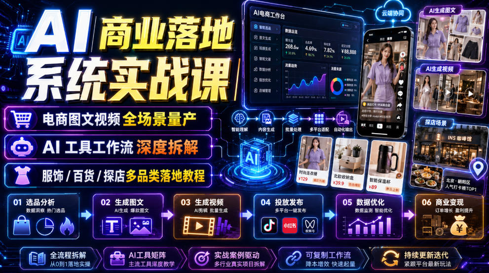 AI商业落地系统实战课｜电商图文视频全场景量产・AI工具工作流深度拆解・服饰/百货/探店多品类落地教程|一人科技OPC聚合软件