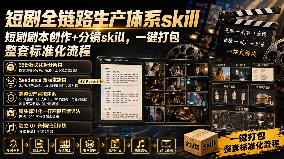 短剧全链路生产体系skill，短剧剧本创作+分镜skill，一键打包，整套标准化流程|一人科技OPC聚合软件