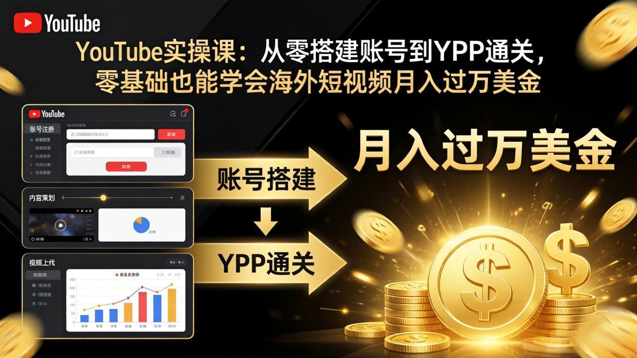 YouTube实操课：从零搭建账号到YPP通关，零基础也能学会海外短视频月入过万美金|协议软件打粉软件
