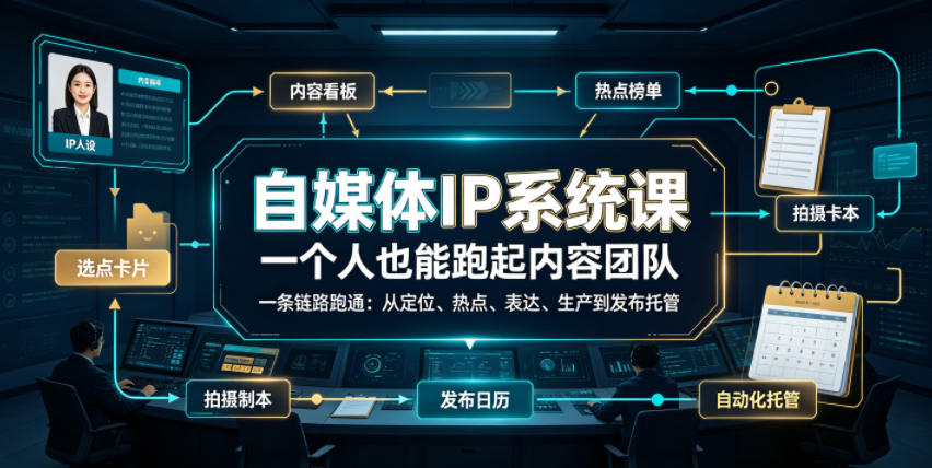 自媒体IP系统课，一个人也能跑起内容团队，一条链路跑通，从定位、热点、表达、生产到发布托管|一人科技OPC聚合软件