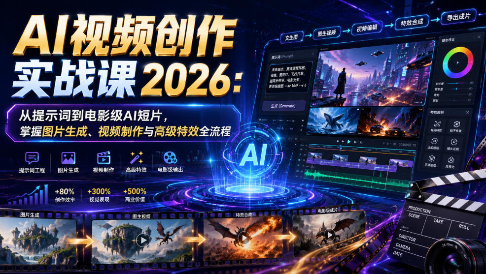 AI视频创作实战课2026：从提示词到电影级AI短片，掌握图片生成、视频制作与高级特效全流程|一人科技OPC聚合软件