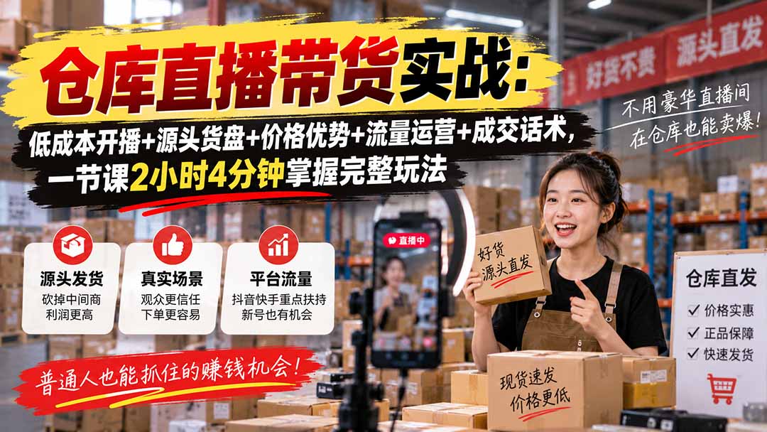 仓库直播带货实战：低成本开播+源头货盘+价格优势+流量运营+成交话术，一节课2小时4分钟掌握完整玩法|一人科技OPC聚合软件