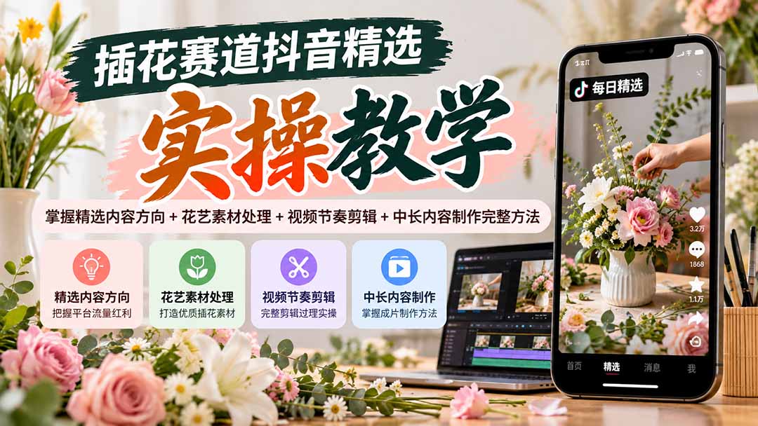 插花赛道抖音精选实操教学：掌握精选内容方向+花艺素材处理+视频节奏剪辑+中长内容制作完整方法|一人科技OPC聚合软件