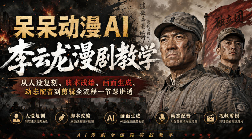 呆呆动漫AI李云龙漫剧教学，从人设复刻、脚本改编、画面生成、动态配音到剪辑全流程一节课讲透|一人科技OPC聚合软件