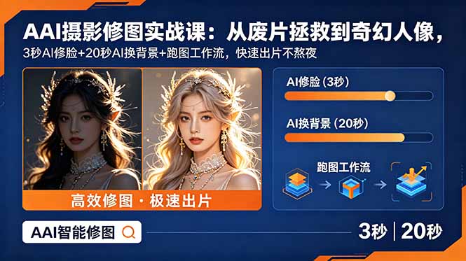AI摄影修图实战课：从废片拯救 到 奇幻人像，3秒AI修脸+20秒AI换背景+跑图工作流，快速出片不熬夜|一人科技公司导航