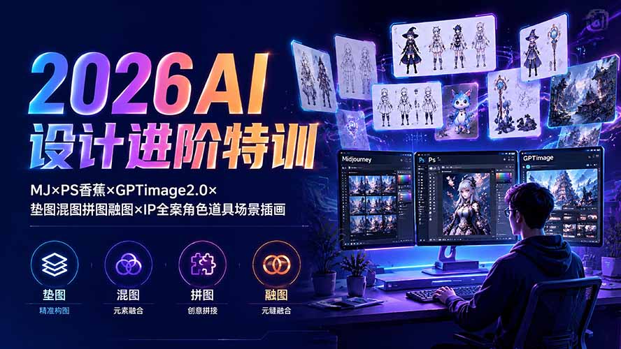 2026AI设计进阶特训：MJ×PS香蕉×GPTimage2.0×垫图混图拼图融图×IP全案角色道具场景插画|一人科技OPC聚合软件