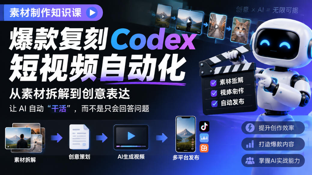 素材制作知识课，爆款复刻Codex短视频自动化，从素材拆解到创意表达，让AI自动“干活”，而不是只会回答问题