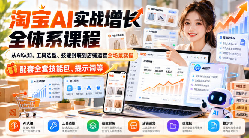 淘宝AI实战增长全体系课程，从AI认知、工具选型、技能封装到店铺运营全场景实操，配套全套技能包、提示词等|一人科技OPC聚合软件