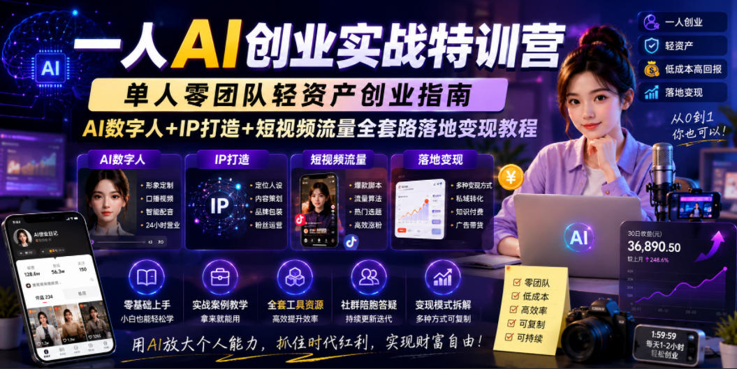 一人AI创业实战特训营，单人零团队轻资产创业指南，AI数字人+IP打造+短视频流量全套路落地变现教程|一人科技公司导航