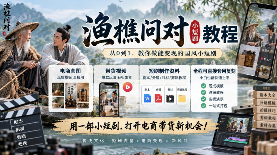 渔樵问对小短剧教程，包含电商套图、带货视频，短剧制作资料，全程可直接套用复刻|一人科技OPC聚合软件