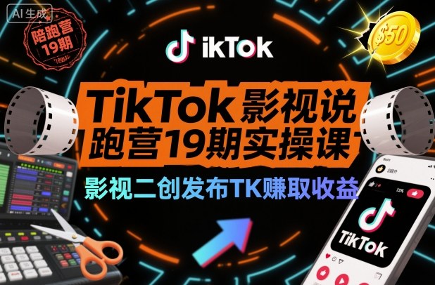 TikTok影视解说陪跑营19期实操课，影视二创发布TK賺取收益，万播收益50美金(更新)|HOOK协议网