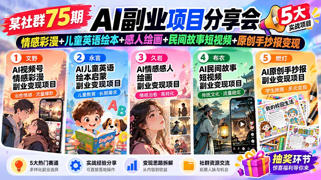某社群75期AI副业项目分享会：情感彩漫+儿童英语绘本+感人绘画+民间故事短视频+原创手抄报变现|一人科技OPC聚合软件
