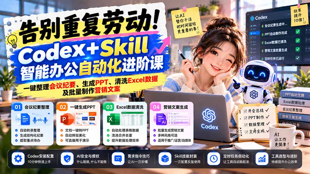 告别重复劳动！Codex+Skill智能办公自动化进阶课：一键整理会议纪要、生成PPT、清洗Excel数据及批量制作营销文案|一人科技OPC聚合软件