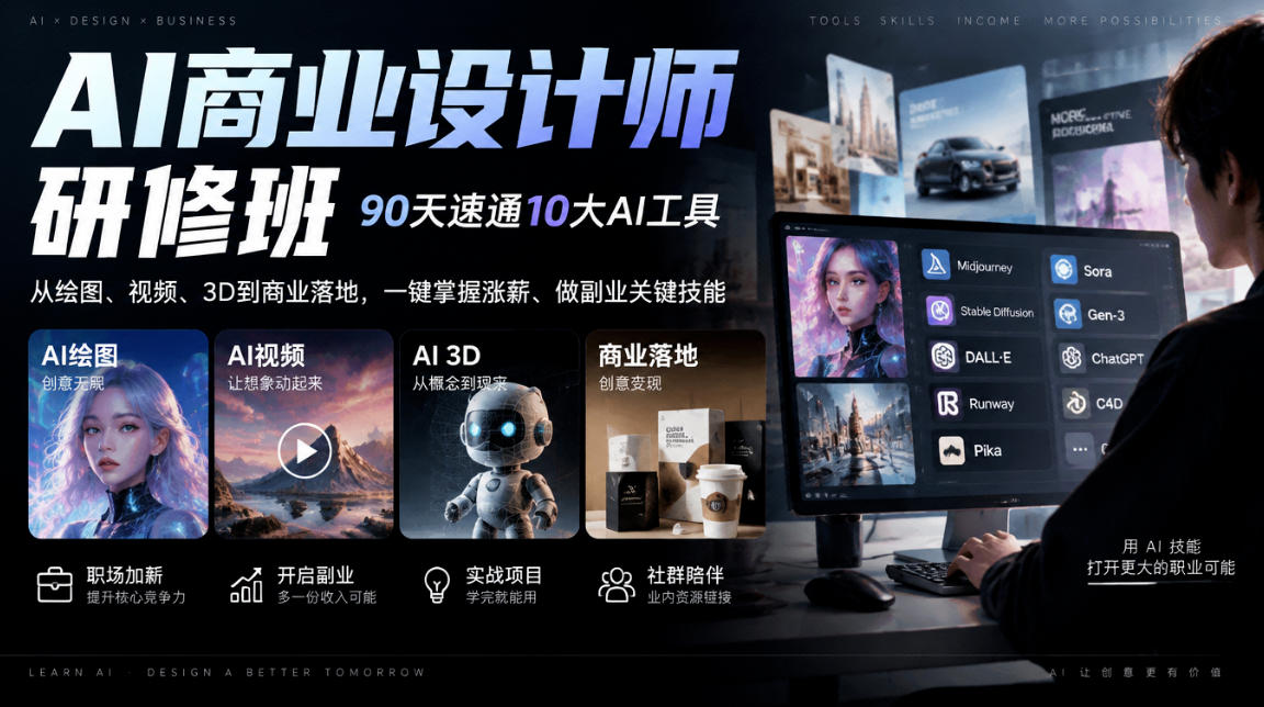 AI商业设计师研修班，90天速通10大AI工具，从绘图、视频、3D到商业落地，一键掌握涨薪、做副业关键技能|一人科技OPC聚合软件