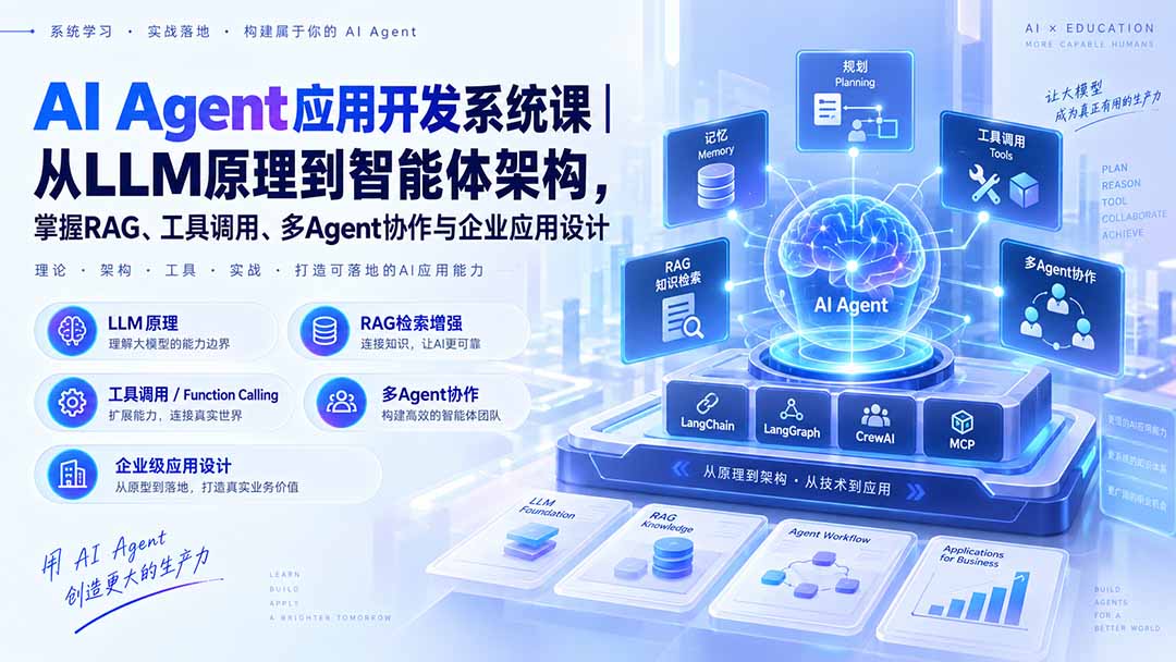 AI Agent应用开发系统课-179节｜从LLM原理到智能体架构，掌握RAG、工具调用、多Agent协作与企业应用设计|一人科技OPC聚合软件