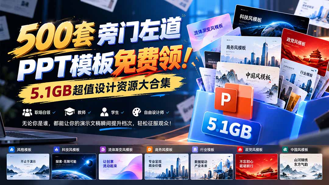 500套旁门左道PPT模板免费领！5.1GB超值设计资源大合集|一人科技OPC聚合软件