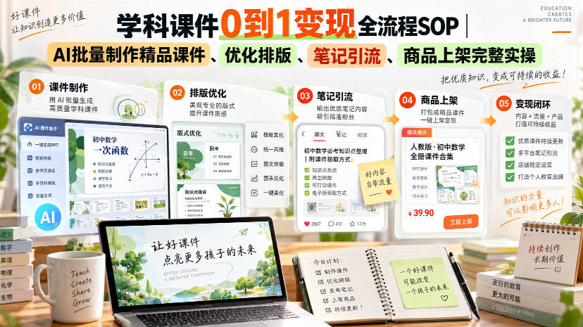 学科课件0到1变现全流程SOP｜AI批量制作精品课件、优化排版、笔记引流、商品上架完整实操​|一人科技OPC聚合软件