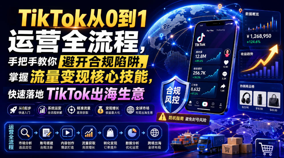 TikTok从0到1运营全流程，手把手教你避开合规陷阱，掌握流量变现核心技能，快速落地TikTok出海生意(更新7月)|一人科技OPC聚合软件