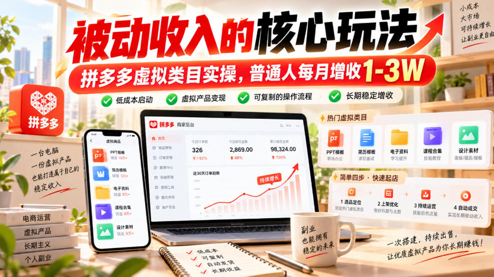 被动收入的核心玩法，拼多多虚拟类目实操，普通人每月增收1-3W【揭秘】|一人科技OPC聚合软件