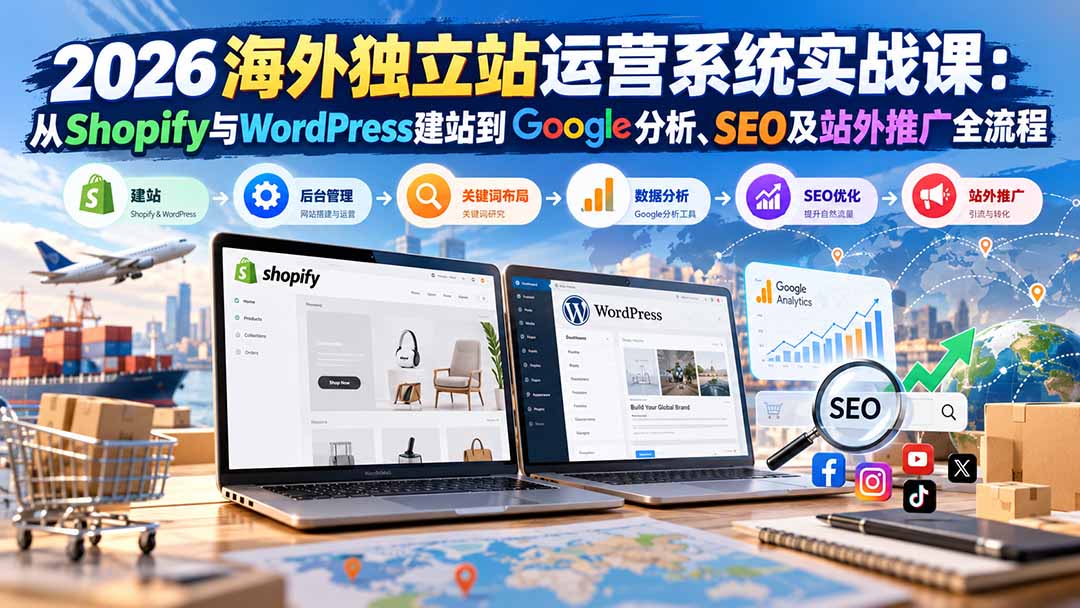 2026海外独立站运营系统实战课：从Shopify与WordPress建站到Google分析、SEO及站外推广全流程|一人科技OPC聚合软件