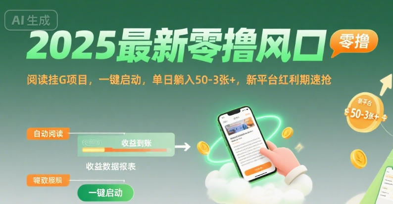 2025最新零撸风口，阅读挂G项目，一键启动，单日躺入 50-3张+，新平台红利期速抢【揭秘】|HOOK协议网