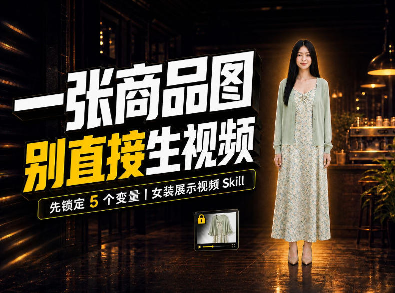 女装AI视频总翻车？问题不在提示词，女装展示视频Skill先锁定5个变量！|一人科技OPC聚合软件