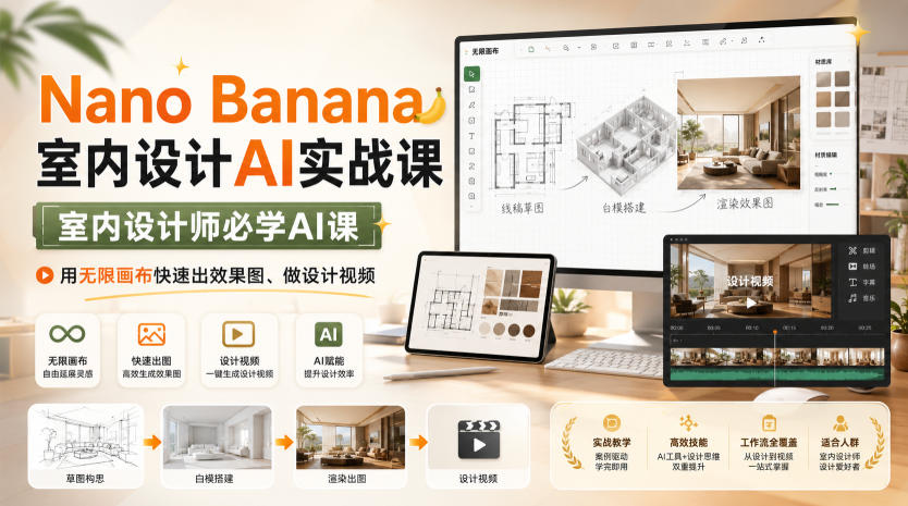 Nano Banana室内设计AI实战课，室内设计师必学AI课，用无限画布快速出效果图、做设计视频|一人科技OPC聚合软件