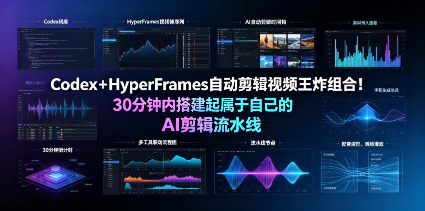Codex＋HyperFrames自动剪辑视频王炸组合！30分钟内搭建起属于自己的AI剪辑流水线(完整版实操教程手册)|一人科技OPC聚合软件