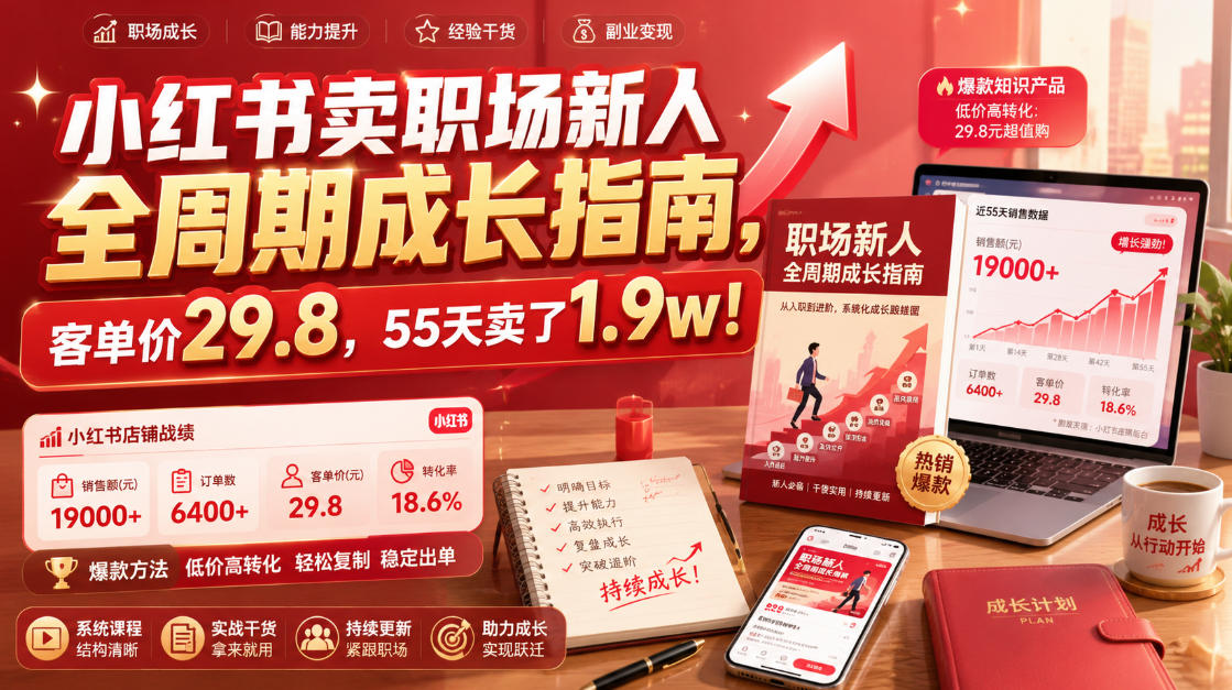 小红书卖职场新人全周期成长指南，客单价29.8，55天卖了1.9w！|一人科技OPC聚合软件