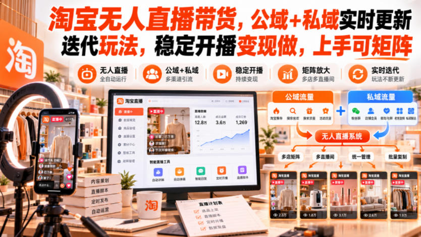 淘宝无人直播带货，公域+私域实时更新迭代玩法，稳定开播变现做，上手可矩阵【揭秘】|一人科技OPC聚合软件