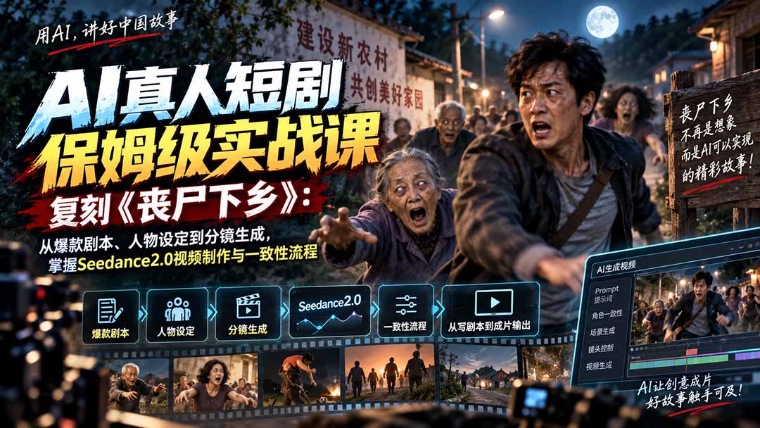 AI真人短剧保姆级实战课，复刻《丧尸下乡》：从爆款剧本、人物设定到分镜生成，掌握Seedance2.0视频制作与一致性流程|一人科技OPC聚合软件