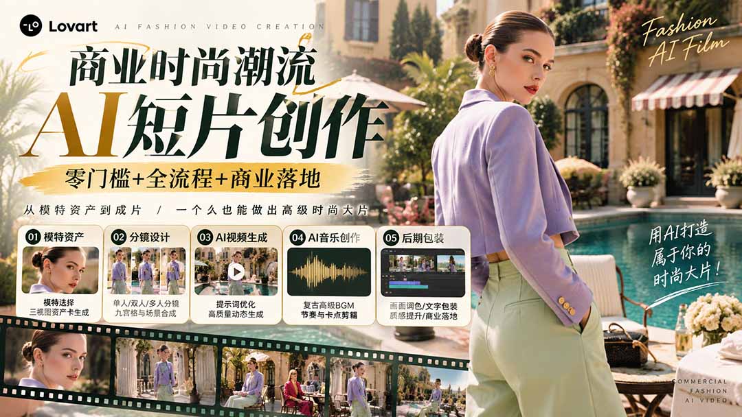 从一张模特图到高级时尚广告大片：AI三视图资产、场景合成、电影分镜、动态生成与复古音乐剪辑实战课|一人科技OPC聚合软件