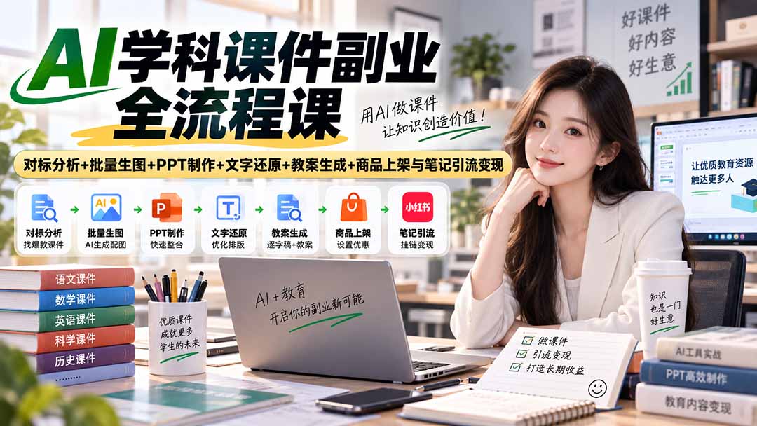 AI学科课件副业全流程课｜对标分析+批量生图+PPT制作+文字还原+教案生成+商品上架与笔记引流变现|一人科技OPC聚合软件