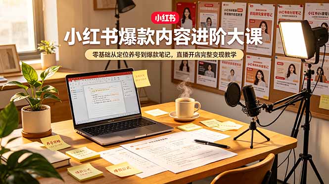 小红书爆款内容进阶大课，零基础从定位养号到爆款笔记，直播开店完整变现教学|一人科技OPC聚合软件
