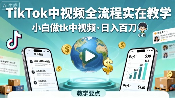 TikTok中视频全流程实操教学，小白做tk中视频，日入百刀|HOOK协议网