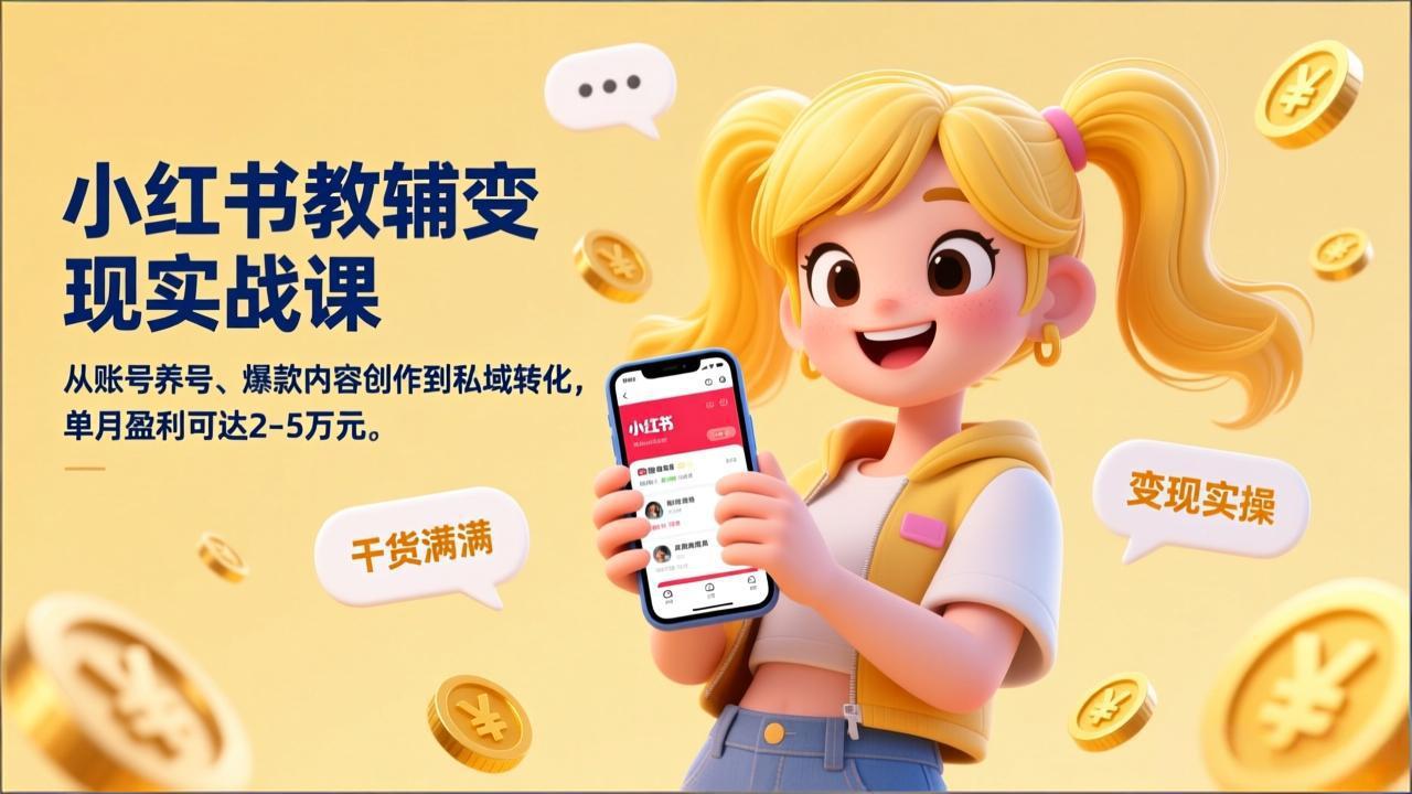 小红书教辅变现实战课，从账号养号、爆款内容创作到私域转化，单月盈利可达2-5万元|协议软件打粉软件