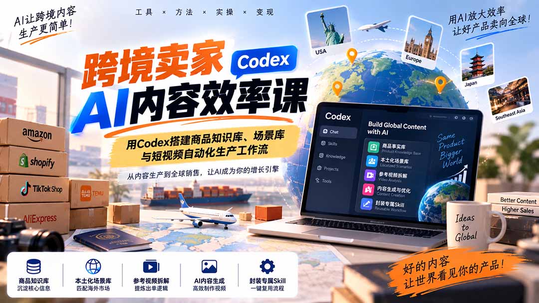 跨境卖家AI内容效率课：用Codex搭建商品知识库、场景库与短视频自动化生产工作流|一人科技OPC聚合软件