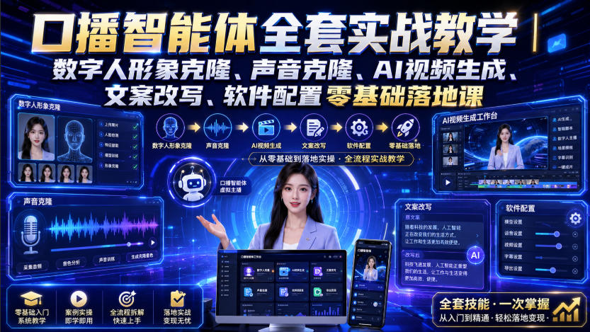 口播智能体全套实战教学｜数字人形象克隆、声音克隆、AI视频生成、文案改写、软件配置零基础落地课|一人科技OPC聚合软件