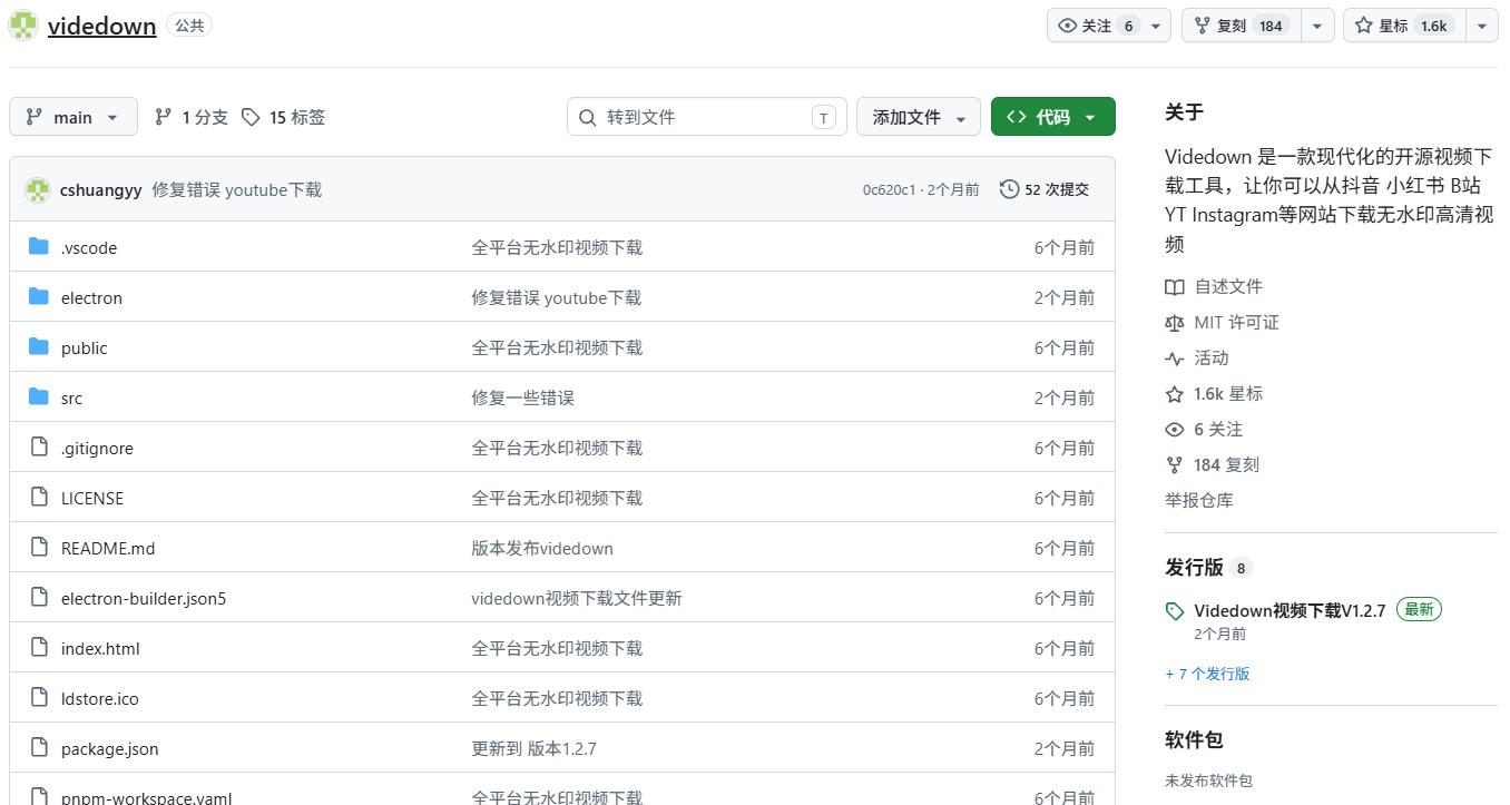 GitHub上1.6k stars开源下载器，界面清爽免费用，小红书某音B站youtube视频一键保存Videdown|一人科技OPC聚合软件