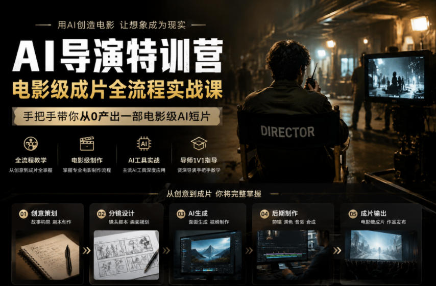 AI导演特训营，电影级成片全流程实战课，手把手带你从0产出一部电影级AI短片|一人科技公司导航