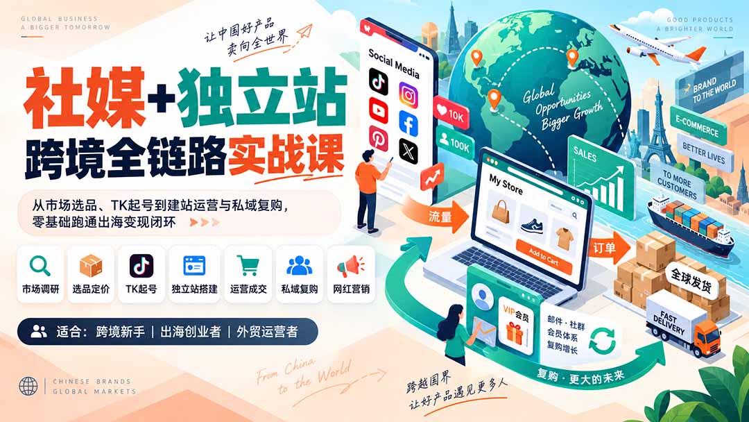 社媒+独立站跨境全链路实战课：从市场选品、TK起号到建站运营与私域复购，零基础跑通出海变现闭环|一人科技OPC聚合软件