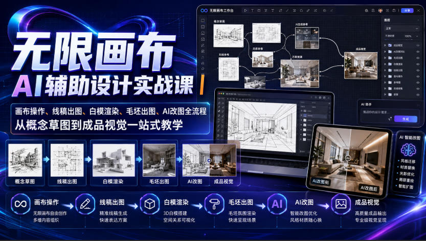 无限画布AI辅助设计实战课｜画布操作、线稿出图、白模渲染、毛坯出图、AI改图全流程，从概念草图到成品视觉一站式教学|一人科技OPC聚合软件