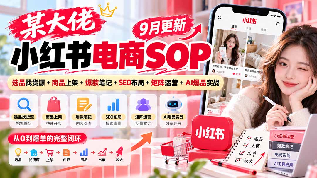 某大佬小红书电商SOP｜9月更新：选品找货源+商品上架+爆款笔记+SEO布局+矩阵运营+AI爆品实战|一人科技OPC聚合软件