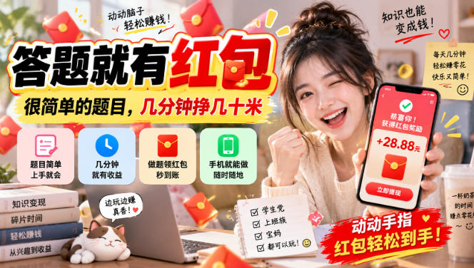 答题就有红包，很简单的题目，几分钟挣几十块，学生党上班族宝妈都可以玩【揭秘】|一人科技OPC聚合软件