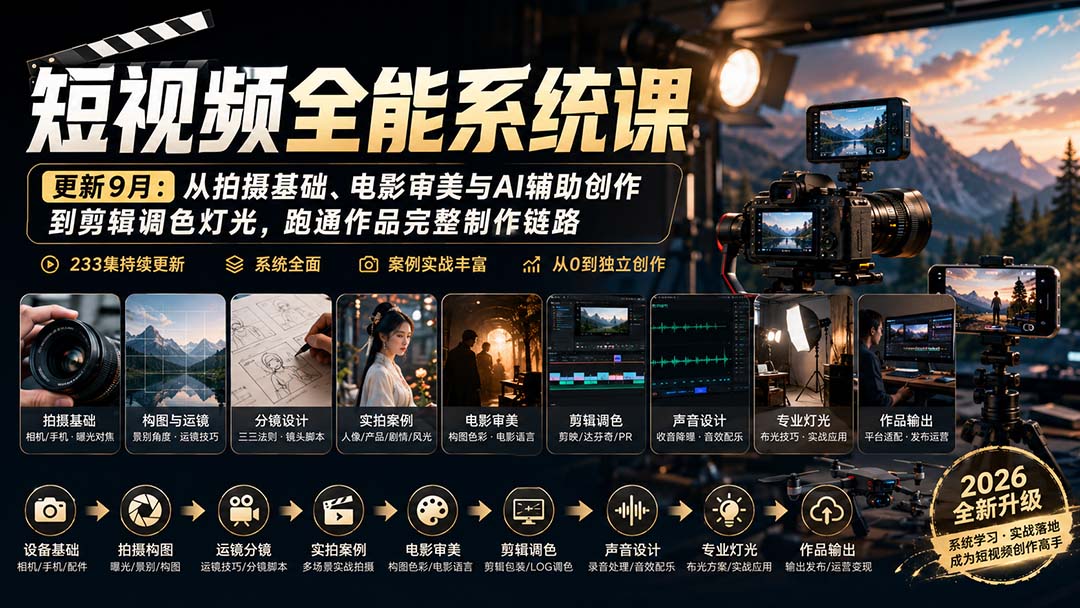 短视频全能系统课-更新8月233集：从拍摄基础、电影审美与AI辅助创作到剪辑调色灯光，跑通作品完整制作链路|一人科技OPC聚合软件
