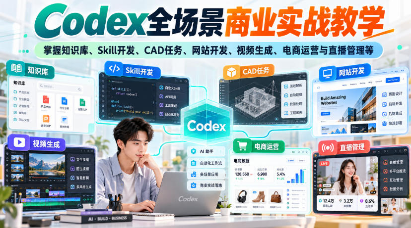 【无水印】Codex全场景商业实战教学，掌握知识库、Skill开发、CAD任务、网站开发、视频生成、电商运营与直播管理等|一人科技OPC聚合软件