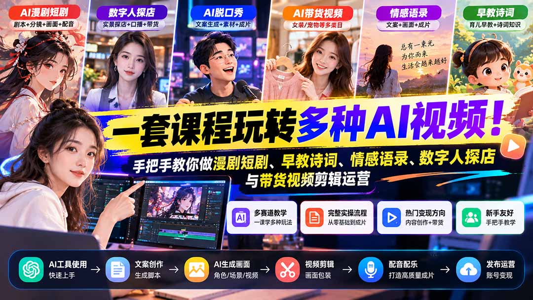 【无水印】一套课程玩转多种AI视频！手把手教你做漫剧短剧、早教诗词、情感语录、数字人探店与带货视频剪辑运营|一人科技OPC聚合软件