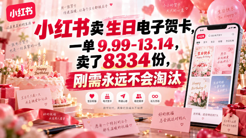 小红书卖生日电子贺卡，一单9.99-13.14，卖了8334份，刚需永远不会淘汰|一人科技OPC聚合软件