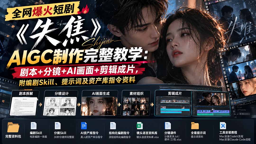 全网爆火短剧《失焦》AIGC制作完整教学：剧本+分镜+AI画面+剪辑成片，附编剧Skill、提示词及资产库指令资料|一人科技OPC聚合软件