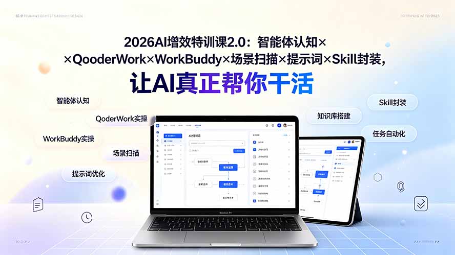 2026AI增效特训课2.0：智能体认知×QoderWork×WorkBuddy×场景扫描×提示词×Skill封装，让AI真正帮你干活|一人科技OPC聚合软件